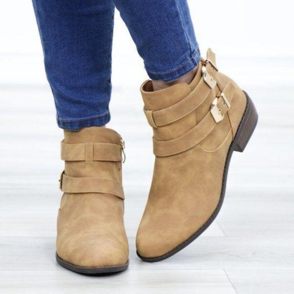 Vegan Nubuck Chestnut Color Ankle Boots Gold Acces - Picture 2 of 9